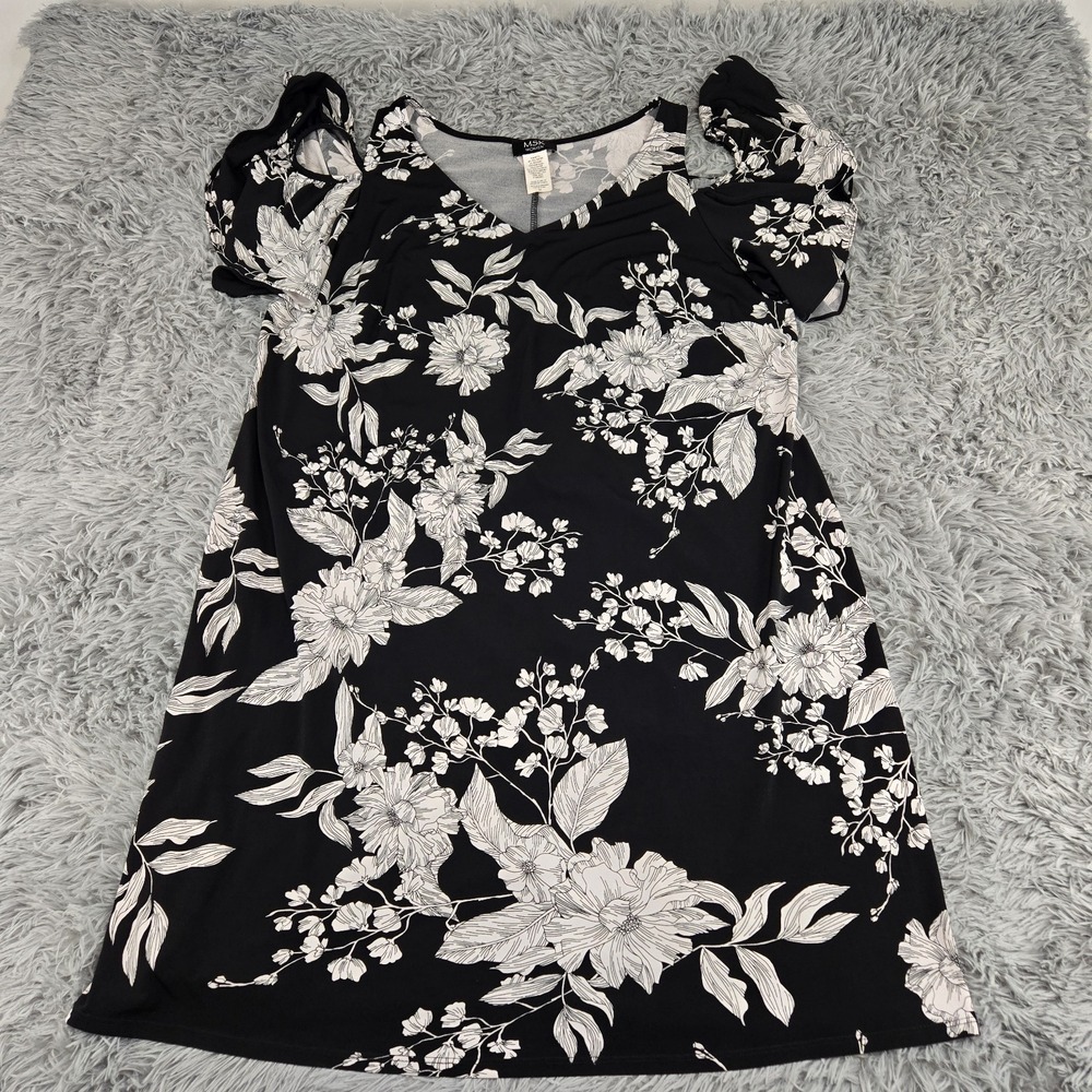 MSK 2543658 Women 2X Black Floral Knee Length Cold Shoulder Stretch Dress